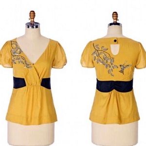 Anthropologie Embroidered Birds Blouse - Gold
